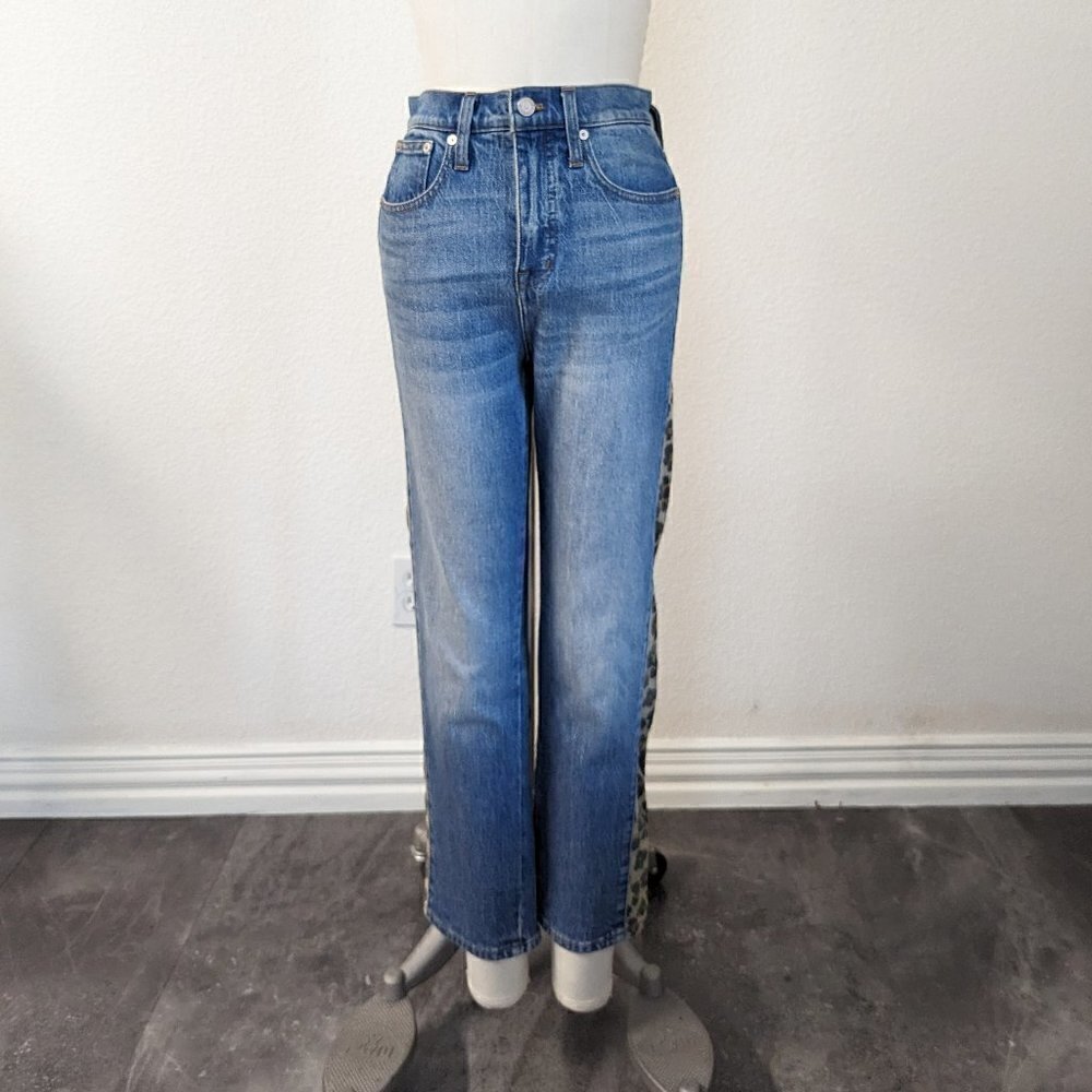Madewell Classic Straight Animal Print Track High Rise Jean Blue 26 hipster